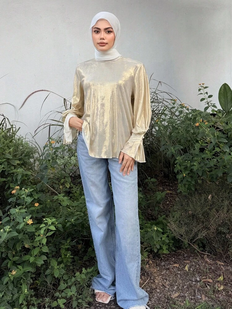Women's Bell Sleeve Elegant Sequin Decoration Twist Knot Button Detail Long Sleeve Blouse Top, Business/Party Wear, Spring/Summer/Autumn Modest Fashion