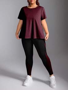 Rhythm Era Bộ đồ thể thao áo thun tay ngắn hở lưng cỡ lớn & quần legging chắp vá màu tương phản - Màu Đỏ Sâu - Xem 5
