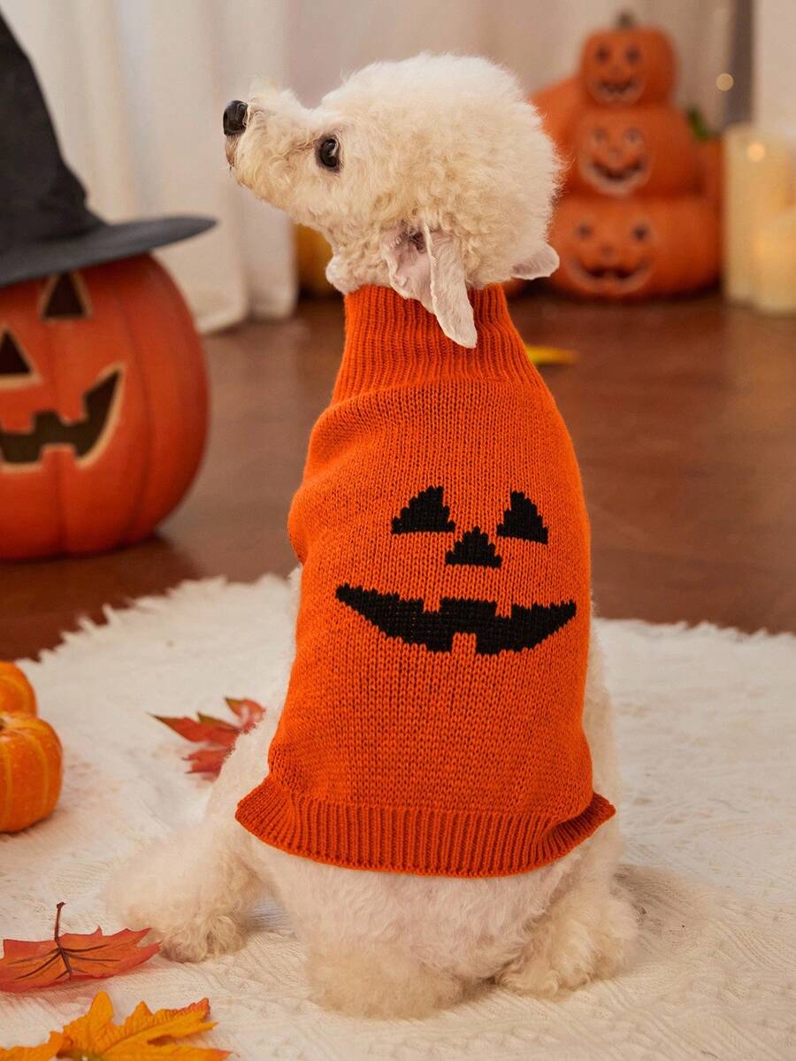 PETSIN 1pc Halloween Pumpkin Orange Cute Ghost Face Warm & Comfortable Dog Sweater - Multicolor - View 1