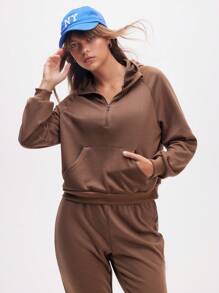 Eassivo Eassivo 女式纯色插肩袖拉链半襟休闲连帽运动衫 - 棕色 - 查看 7