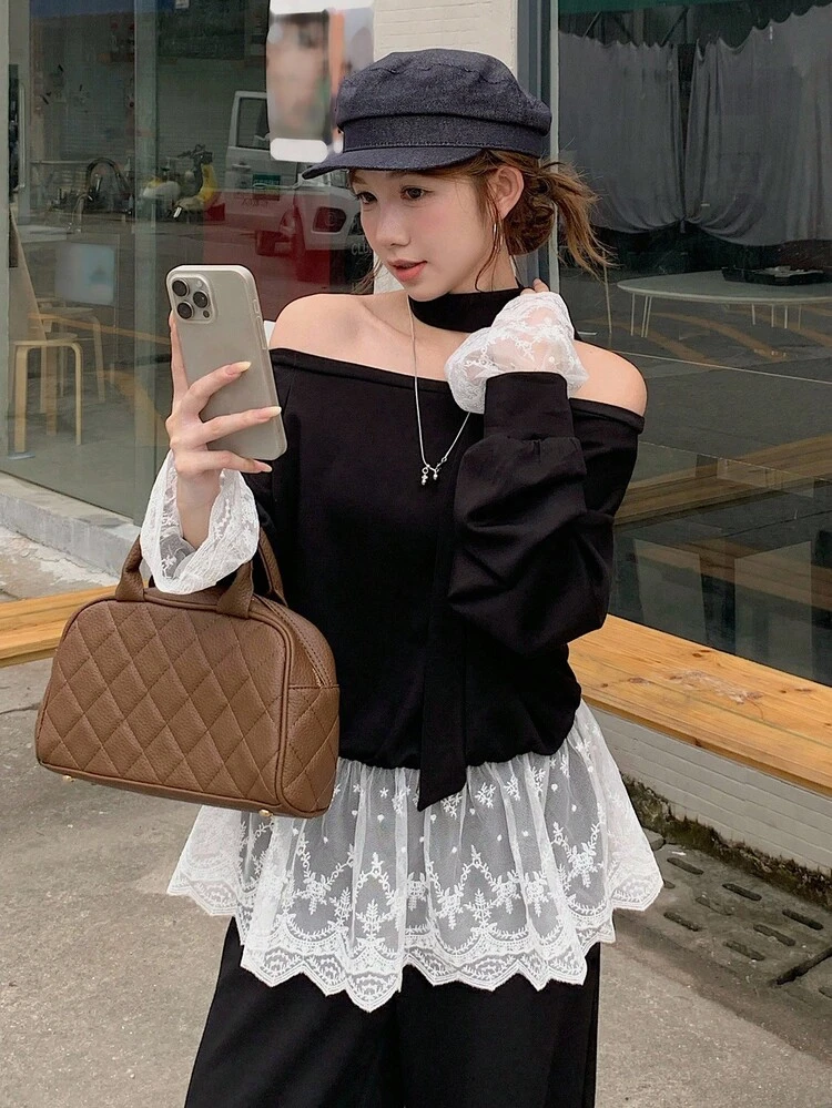 Women's Oblique Shoulder Contrast Color Lace Patchwork Blouse With Tie Decor And Elastic Waist Loose Straight Leg Pants, 2 Pieces Casual Vacation Set
