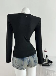 Elamini 1 件女式 V 领刺绣修身短款针织开衫，长袖休闲、日常、学校、百搭 T 恤 - 黑色 - 查看 2