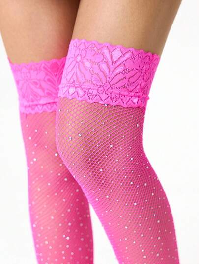 Kawaii 1 Pair Fashionable & Sexy Fuchsia Rhinestone Embellished Minimalist Romantic Fishnet Thigh High Socks, Suitable For Music Festivals, Dates, Galas