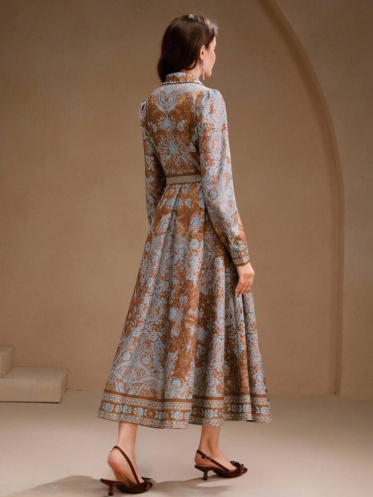 Autumn/Winter Brown Retro Bohemian Style Printed Lace-Up Long Dress For Women