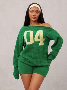 Radiana 2pcs Women's Numeric Pattern Asymmetric Neck Long Sleeve Sweater And Knitted Shorts Set,Autumn And Winter,ملابس شتوية للنساء - Multicolor - View 6