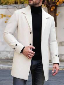 Manfinity Mode Men's Solid Color Simple Long Sleeve Overcoat, Casual Wear Long White Overcoat Winter, Men Peacoat, European Style, Old Money, Fall