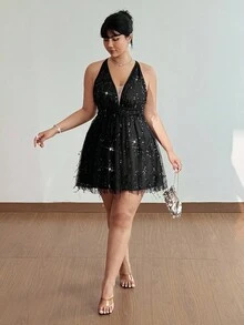 Viva Relle Plus Size Women's Sexy Glamorous Beaded & Sequin Party, Banquet, Wedding Guest Mini Dress, Spaghetti Strap Waist Cinched A-Line Short Dress - Black - View 7