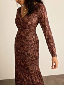 Freevana 大码女式度假腰果花卉印花 V 领长袖鱼尾下摆西式长裙女式秋季服装万圣节女式冬季服装女式连衣裙优雅西式服装女式冬季棕色连衣裙波西米亚风女式服装狂欢冬装女式仙女连衣裙派对办公室外出服装音乐会西式连衣裙节日另类优雅连衣裙焦橙色连衣裙 - 彩色 - 查看 1