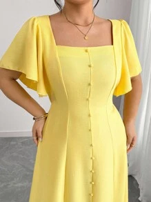 Elenzga 女式加大码纯色荷叶边方领系带长裙 - 黃色 - 查看 1