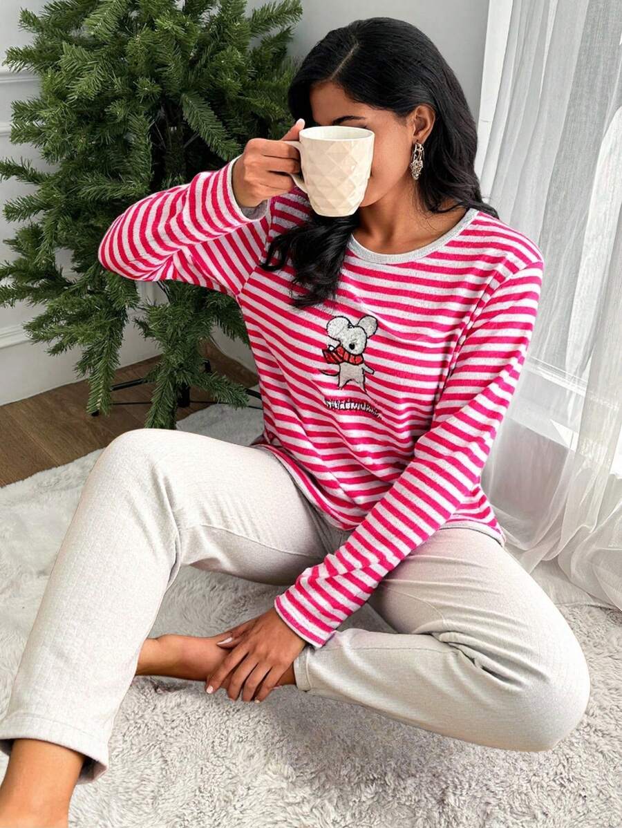 EURMUSE Conjunto de pijama de algodón 100% con rayas y gráficos de dibujos animados - Rosa Fucsia - Ver 1