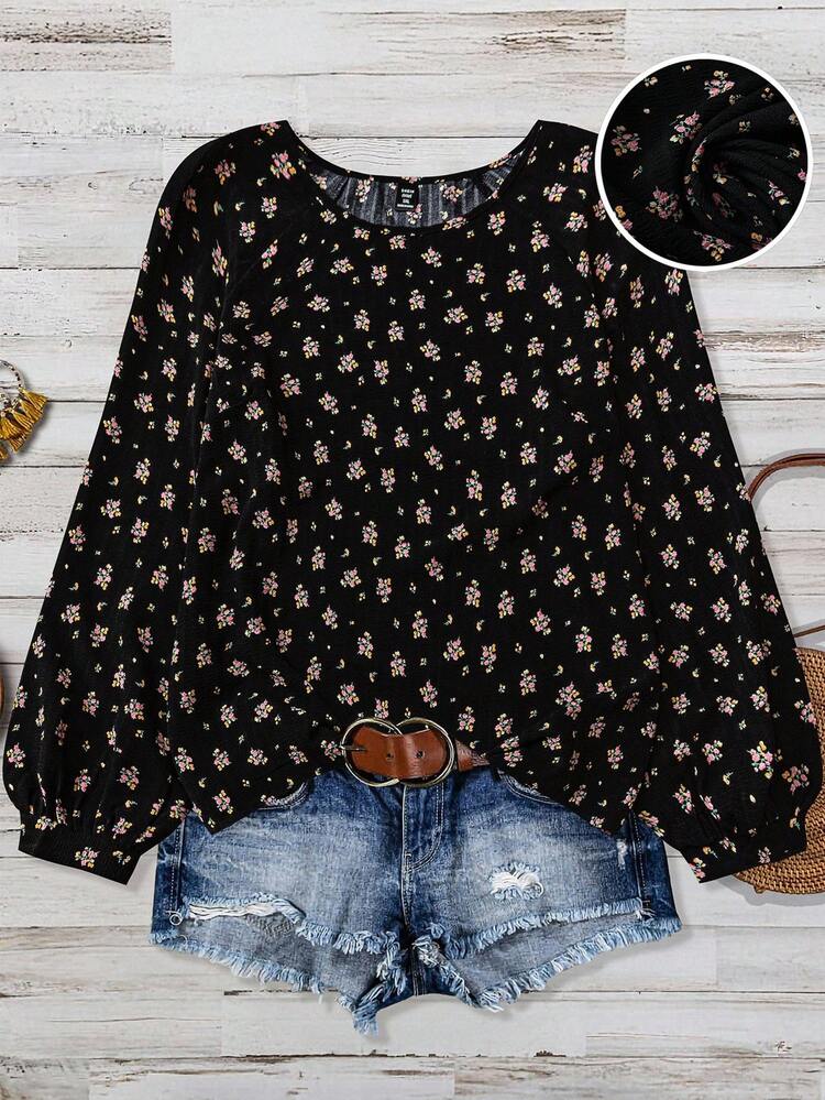 Linhara Blusa de manga raglán con textura y estampado floral de cuello redondo para mujer talla grande, blusa de verano estilo boho occidental con mangas farol, casual con estampado floral para vacaciones de verano y primavera 2026 - Multicolor - Añade 1