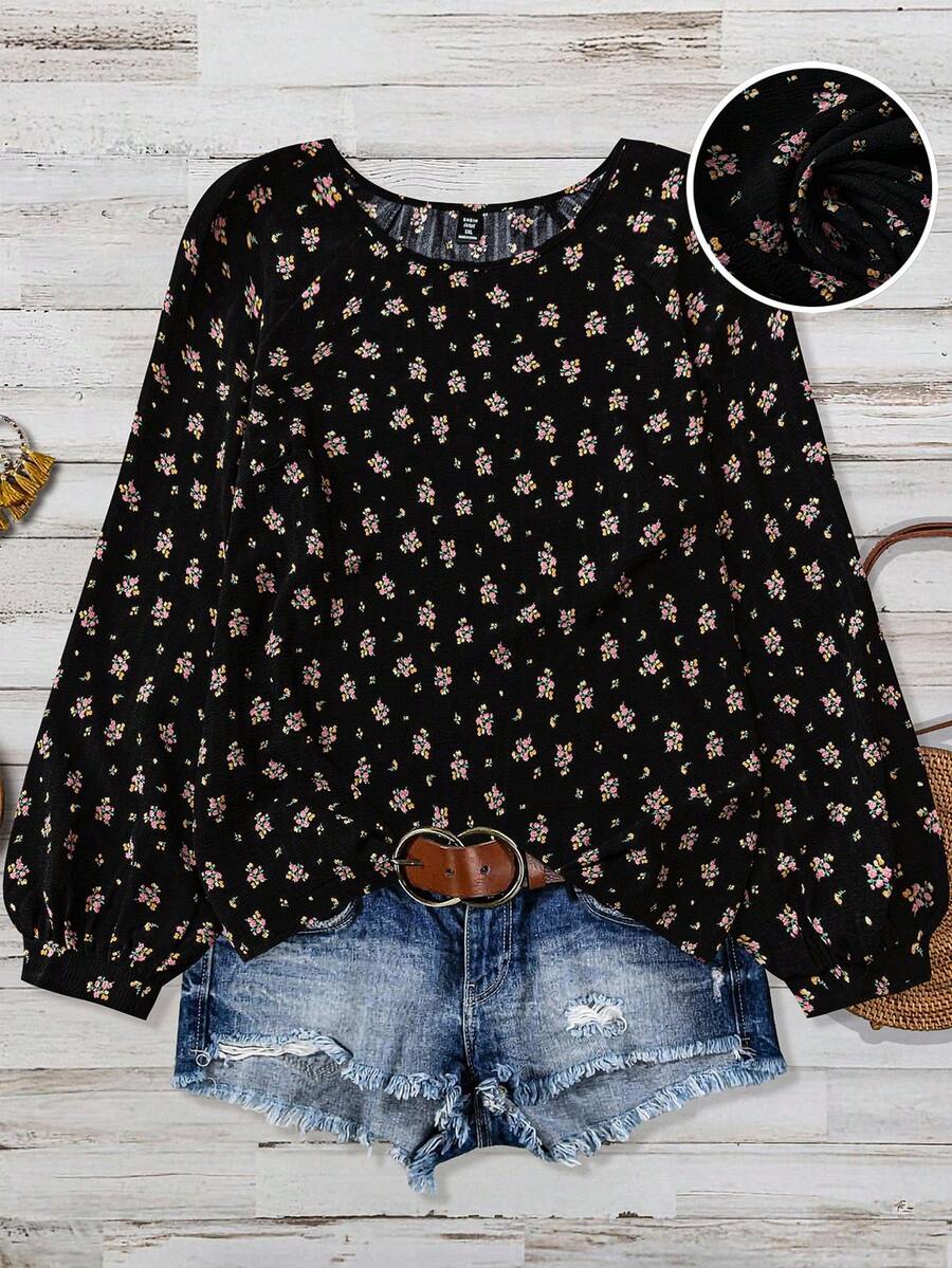 Linhara 女士加大码简约圆领纹理泡泡褶皱印花全幅小碎花插肩袖衬衫上衣，西部风夏季波西米亚秋季款 - 彩色 - 查看 1