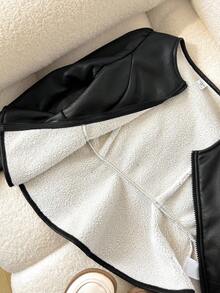 SHEIN Jaket Crop Super Nyaman untuk Anak Perempuan Remaja Musim Dingin, Elegan, Model Blok Warna, Bahan PU Fleece Tebal, Pinggang Berkerut, Hem Bergelombang, Resleting Depan Metalik, Warna Hitam - Hitam - View 9