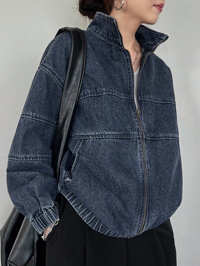 FRIFUL Women's Drop Shoulder Long Sleeve Zip Front Loose Casual Denim Jacket Oversized Denim Jacket Women Denim Jacket Zip Up Denim Jacket Denim Bomber Jacket Jeans Jacket Women