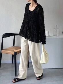 FRIFUL Áo khoác vest không tay dáng rộng cổ chữ V chất liệu vải kết cấu cho nữ, áo kimono ren đen, váy đen, áo choàng ren đen, váy choàng đen, áo cánh ren đen, váy đen, áo choàng ren, áo khoác nữ - màu đen - Xem 3