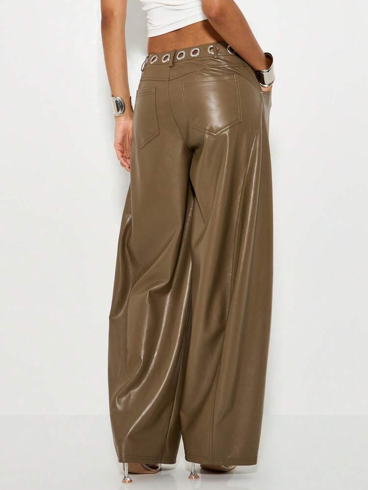KIZN Faux Leather Wide Leg Pants With Eyelet Waistband