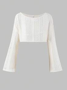 Sparklyn 2pcs/Set Teenage Girls' Fashion Casual & Chic Outfit, Knitted Mesh Loose Crop Top + Black Fitted Pleated Mini Skirt Set Fall Winter