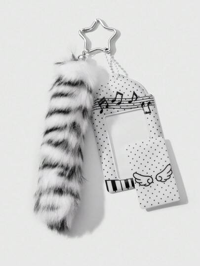 Grunge Punk 1pc Y2K Style Retro Minimalist High-Quality Black & White Faux Fur Ombre Tail, PVC Glossy Card Holder With Music Elements, Polka Dot Wings, Piano Keys, Stars Keychain Pendant For Women, Suitable For Daily Wear And Holiday Gifts