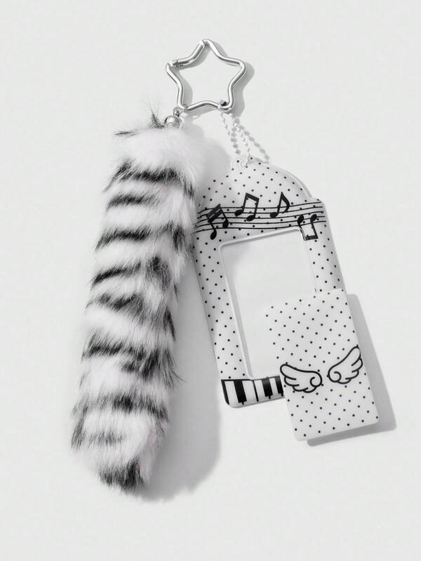 ROMWE Grunge Punk 1 件 Y2K 风格复古简约高品质黑白仿皮草渐变尾巴，PVC 亮面卡包，带有音乐元素、波尔卡圆点翅膀、钢琴键、星星钥匙扣吊坠，适合女士，适合日常佩戴和节日礼物
