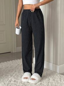 Pantalón de pijama de algodón para mujer con estampado a lunares de color contrastante