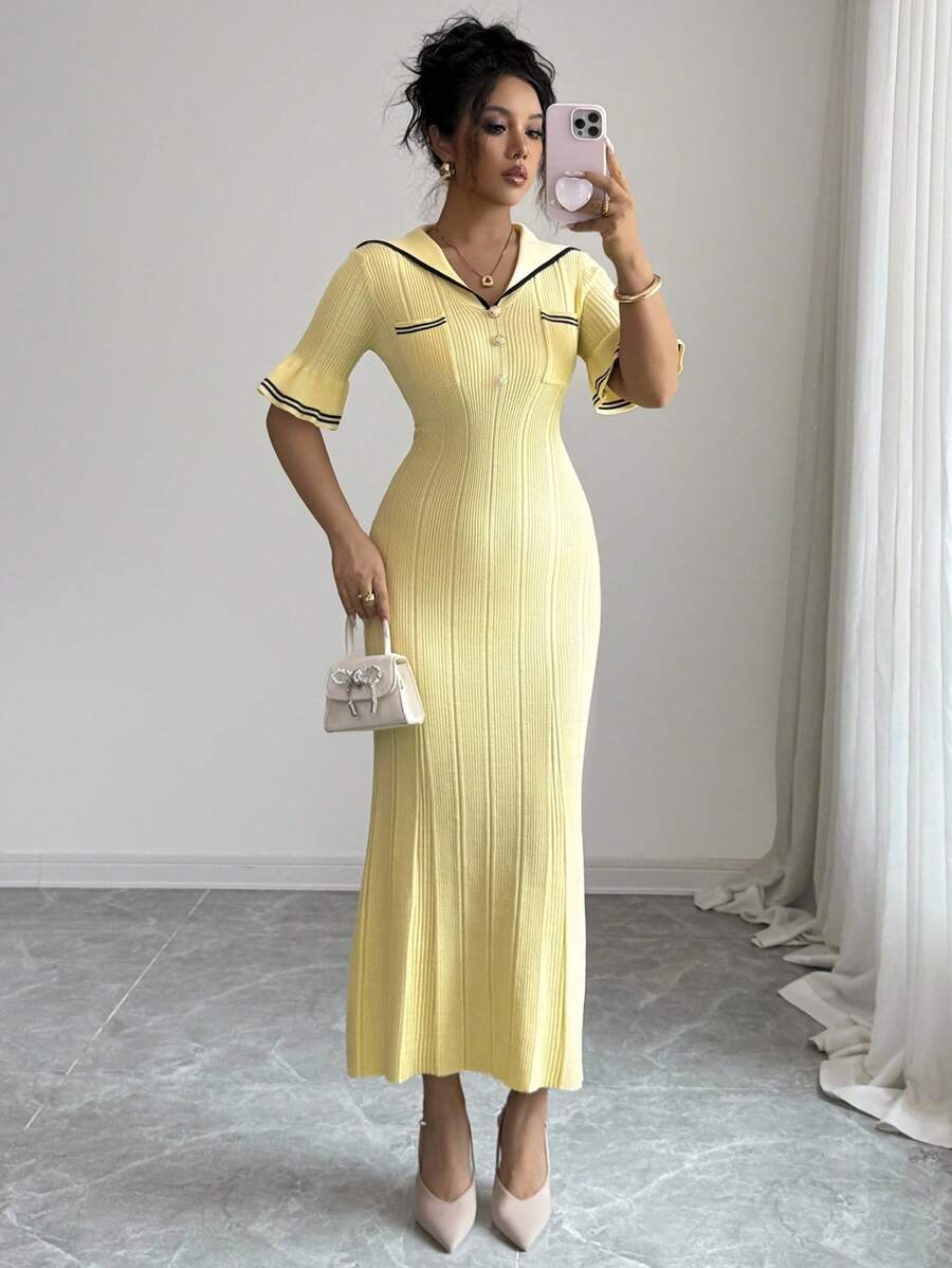 Elenzga Váy len ôm dáng tay ngắn cổ thủy thủ màu vàng kem, màu tương phản, dành cho nữ, đầu thu - Màu vàng - Xem 1