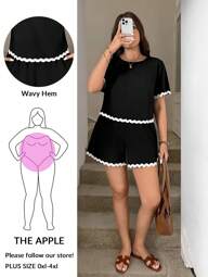 SHEIN LUNE 2pcs/Set Plus Size Women Patchwork Wavy Tape Back To School Outfits Women Trim Short Sleeve Top And Shorts Homecoming Fall Clothes For Women Business Casual Woman Curve Outfit Curve Women Two Pieces Outfits For Daily Wear High-Level Chic Fall Teacher Outfit Spring/Summer/Autumn 2 Pieces Set 2pcs Premium Quality Women Elegant Business Commuting Style,Fashion Casual Daily Versatile Commuting Ladies Teacher Clothing Ladies Two Pieces Suit Casual Fashion All-Match Commuting