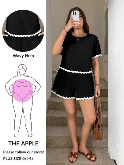 SHEIN LUNE 2pcs/Set Plus Size Women Patchwork Wavy Tape Back To School Outfits Women Trim Short Sleeve Top And Shorts Homecoming Fall Clothes For Women Business Casual Woman Curve Outfit Curve Women Two Pieces Outfits For Daily Wear High-Level Chic Fall Teacher Outfit Spring/Summer/Autumn 2 Pieces Set 2pcs Premium Quality Women Elegant Business Commuting Style,Fashion Casual Daily Versatile Commuting Ladies Teacher Clothing Ladies Two Pieces Suit Casual Fashion All-Match Commuting