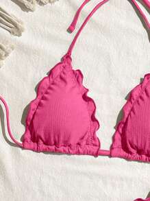 Swim Mod Bộ bikini ren viền xếp nếp co giãn cao gợi cảm cho kỳ nghỉ của phụ nữ - Màu Hồng Tươi - Xem 3