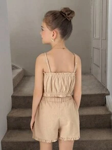 SHEIN Tween Girls 2Pcs Set Woven Solid Color Ruffle Trim Adjustable Strap Crop Top And Ruffle Hem Shorts