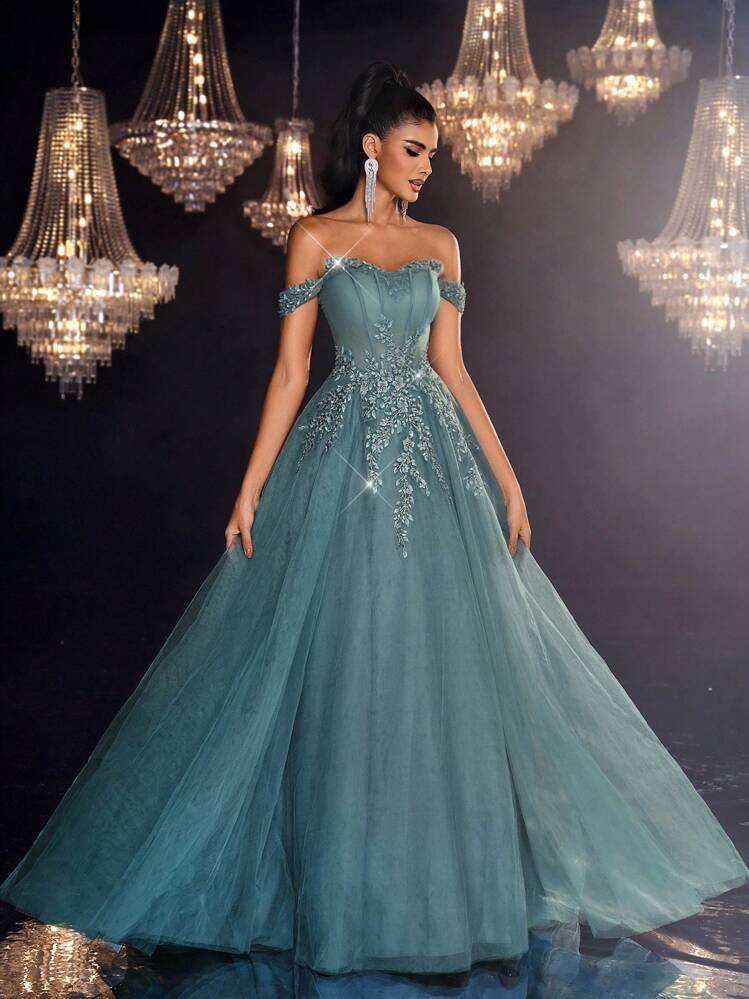 Glamrae Elegante vestido de gala con escote sin tirantes de doble capa en color verde guisante, con cinta de espina de pescado, lujoso sobrepuesto transparente con bordados, falda amplia en línea A con lazo ajustable, adecuado para graduación, cumpleaños, fiesta, baile de graduación, evento formal - Verde Oscuro - Añade 4