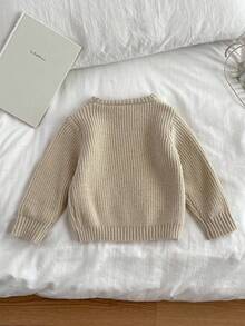 SHEIN Vintaside Kids 時尚百搭可愛蝴蝶結針織套頭毛衣，適合年輕女孩，秋季、仙女風、學校、返校季，淺棕色秋冬服飾 - 杏色 - 查看 2