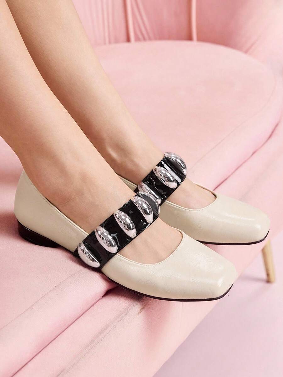 CUCCOO DOLLMOD 女式平底红色方头格子玛丽珍鞋,校园风格,日式可爱低跟鞋 - 米色 - 查看 1