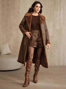 Anewsta Women's Faux Fur Collar Zip-Up Long Casual Urban Fashionable Jacket, Autumn/Winter - Brown - View 3