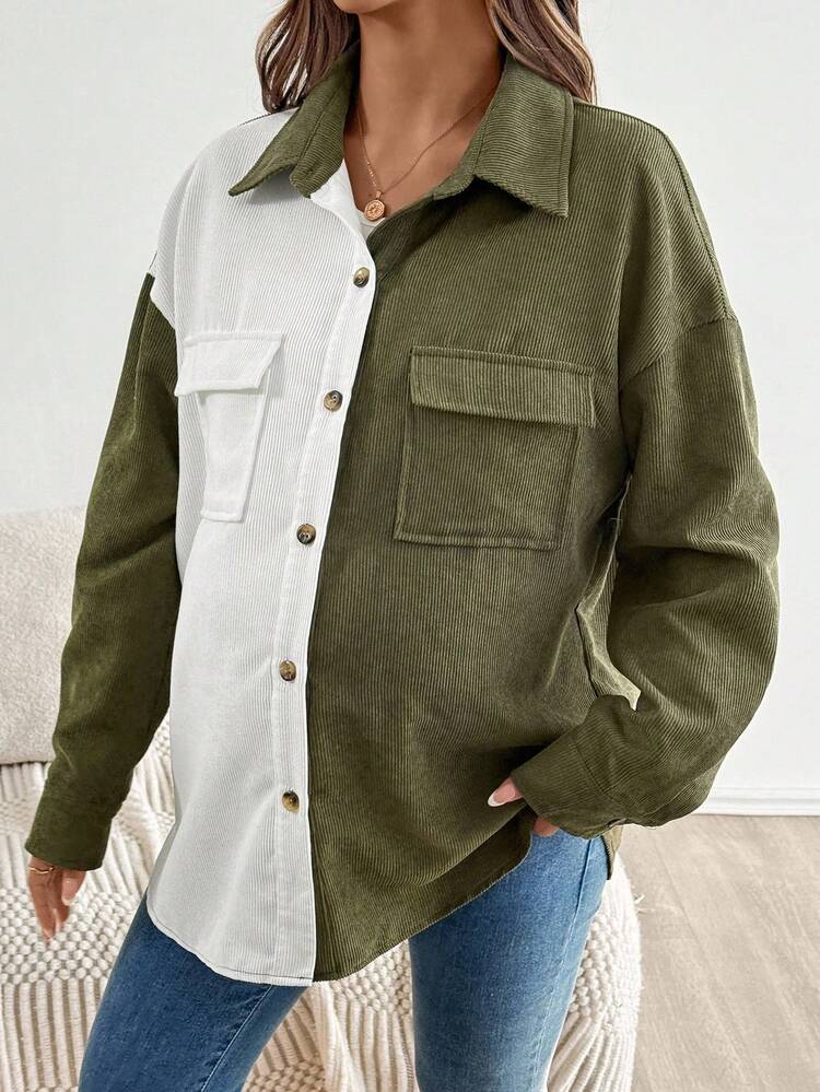 SHEIN Contrast Color Collar Resin Button Decor Maternity Regular Jacket  Fall Women Clothes Fall Women Clothes  Fall   Button Up Shirt Women - Green - View 5