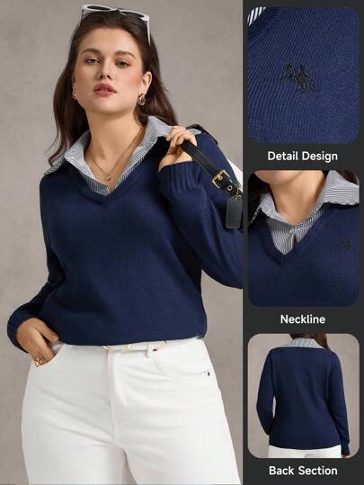 Zelara 大码条纹印花优雅修身长袖套头毛衣，慵懒休闲风，海军蓝女装，海军蓝毛衣，航海风休闲女装，机场秋冬大码学院风复古女装，海军蓝毛衣，V领套头毛衣