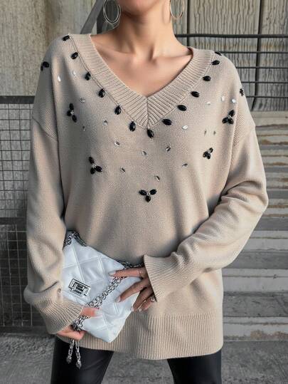 EURMUSE Damen Herbst/Winter Mode Pullover mit Strass Dekor, Oversized Strickpullover, Creme Pullover, Pullover, Schwarzer Pullover, Damen Pullover, Weißer Pullover, Damen Pullover, Damen Pullover