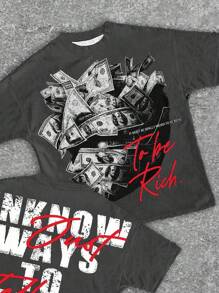 SHEIN 青少年男孩休闲时尚经典酷炫钞票裹脸肖像图案 T 恤，经典时尚标语印花短袖圆领 T 恤，适合夏季 - 彩色 - 查看 5