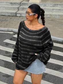 SHEIN EZwear 大码条纹插肩长袖休闲毛衣，秋冬