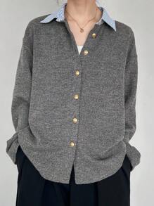 FRIFUL Women's Fashion Casual Striped Patchwork Lapel Button Long Sleeve T-Shirt Ribbed Shirt Grey Shirt Long Sleeve Button Up Grey Blouse Collared Shirt,Fall Women Clothes Thin Cardigan