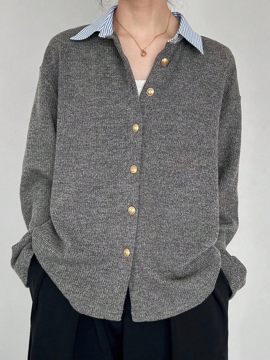 FRIFUL Women's Fashion Casual Striped Patchwork Lapel Button Long Sleeve T-Shirt Ribbed Shirt Grey Shirt Long Sleeve Button Up Grey Blouse Collared Shirt,Fall Women Clothes Thin Cardigan