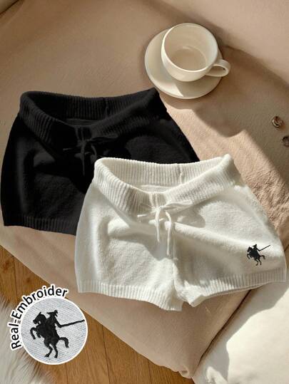 Comfortcana 2pcs Women's Casual Tight Knit Sweater And Mini Shorts Set, Small Logo Embroidery