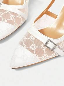 CUCCOO HITCHD 女士粉色蕾丝尖头露背珍珠蝴蝶结网眼高跟鞋 - 白色 - 查看 11