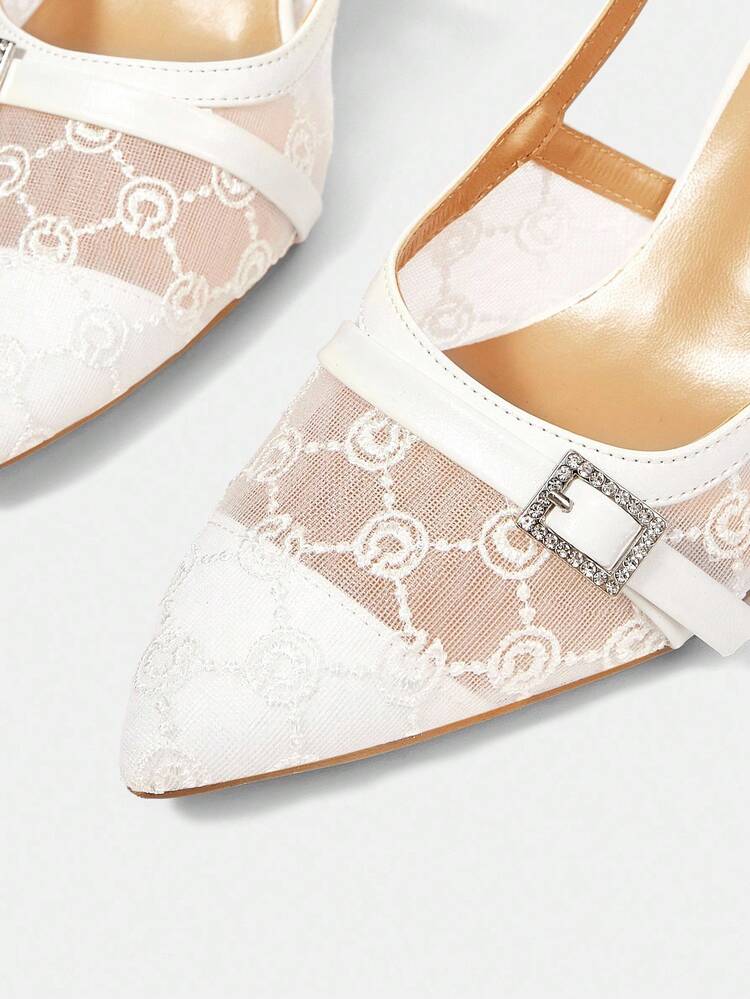 CUCCOO HITCHD 女士粉色蕾丝尖头露背珍珠蝴蝶结网眼高跟鞋 - 白色 - 查看 11