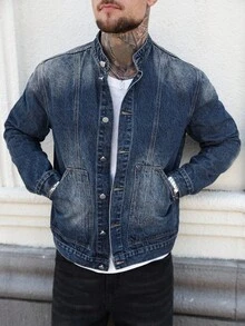 Manfinity LEGND 男士长袖休闲做旧口袋牛仔夹克，街头风，适合送给老公或男友，秋季款 - 中等水洗藍 - 查看 6