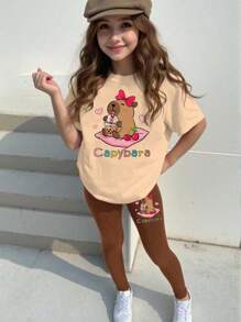 女童杏色T恤和卡其色打底裤休闲时尚创意卡通可爱水豚、卡皮巴拉桑、心形、蝴蝶结、樱花茶装饰彩色字母标语图形印花短袖T恤和裤子2件套 - 彩色 - 查看 3