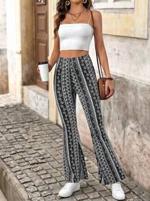 Brillora Allover Print Slim Fit Knitted Flared Summer Beach Women Hippie Pants