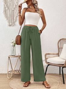 Breezaya Loose Straight-Fit Elastic Drawstring Muscle Textured Wrinkled Fabric Imitation Spring Summer Long Pants Fall Cloth For Women - Army Green - View 6