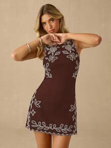 Enchnt Váy không tay thêu hoa giản dị dành cho nữ, thích hợp cho kỳ nghỉ - màu nâu - Xem 5