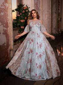 Glamrae 加大码优雅浪漫蓝色亮片花卉雪纺圆领褶皱泡泡裙连衣裙，适合晚会、约会、舞会、毕业典礼、生日、婚礼活动（重磅装饰） - 藍色 - 查看 5