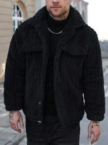 Manfinity CasualCool Manfinity Flap Detail Button Front Flannel Fleece Jacket, Men Front Button Long Sleeve Pocket Simple Jacket, Casual Daily Wear, Autumn And Winter, Boyfriend Gift, For Going Out, Teddy Lined Coat, Streetwear, Street Style American Retro Jacket, Grunge - Black - View 6